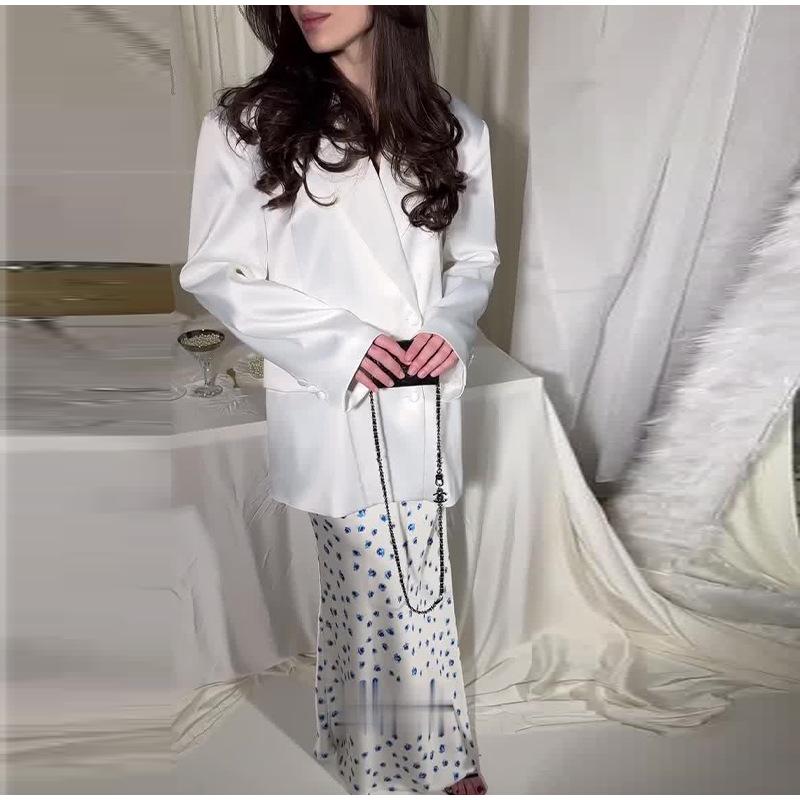 Set din două piese casual de modă pentru femei, culoare uni, mătase, ușor, versatil, sacou costum elegant, fustă midi costum, seturi stil nou primăvară și toamnă 2025