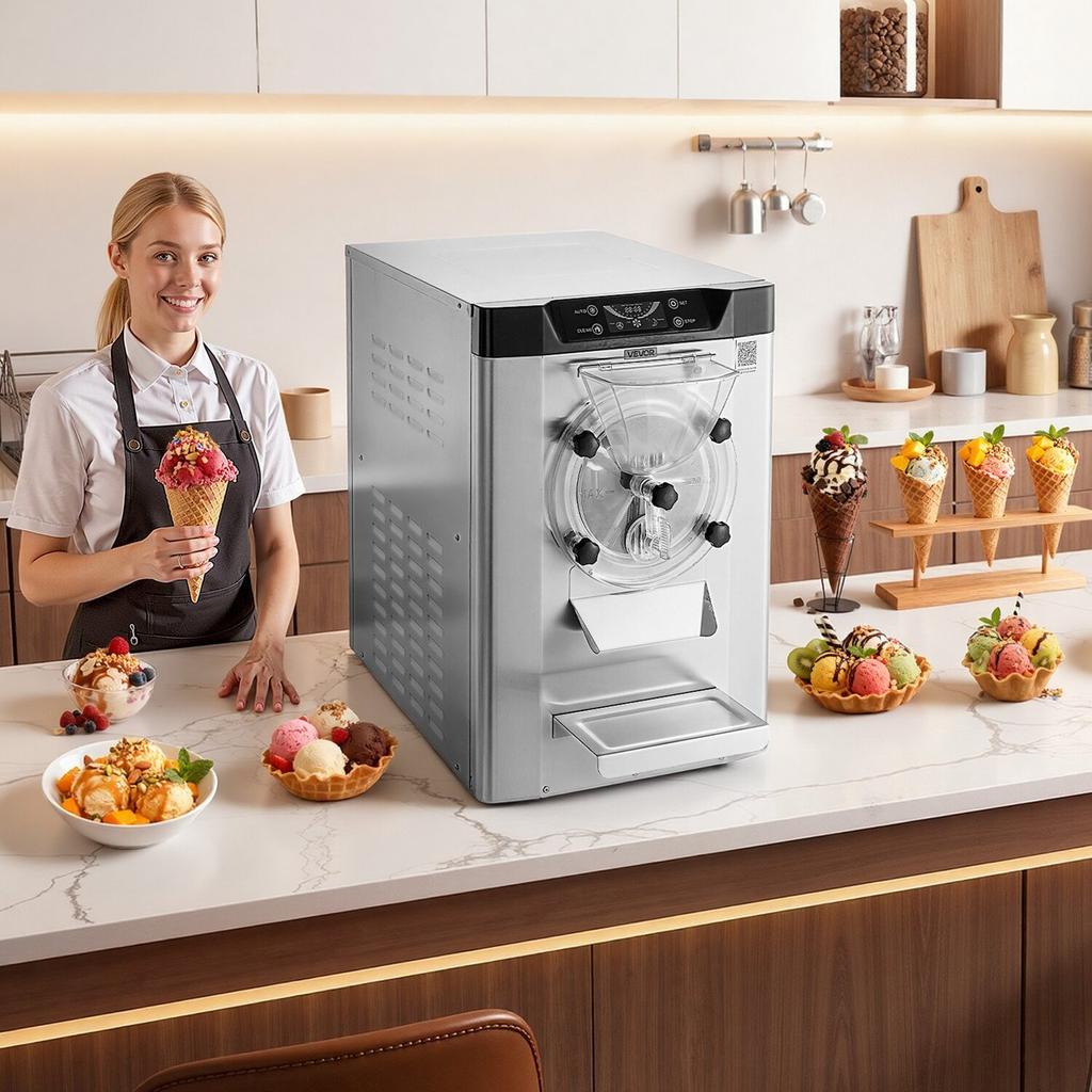 Commercial Hard Ice Cream Machine, 2000W 12-20L Per Hour, Countertop Gelato Hard Serve Ice Cream Maker with 6L 304 Stainless Steel Cylinder, Auto