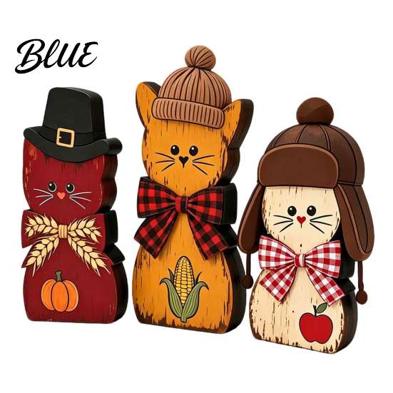 Rustic Wood Cat Figurines 3Pcs Christmas Wooden Ornaments with Hat and Bow Tie, Decorative 2D Standing Figures Flat Thanksgiving Tabletop Figurines,