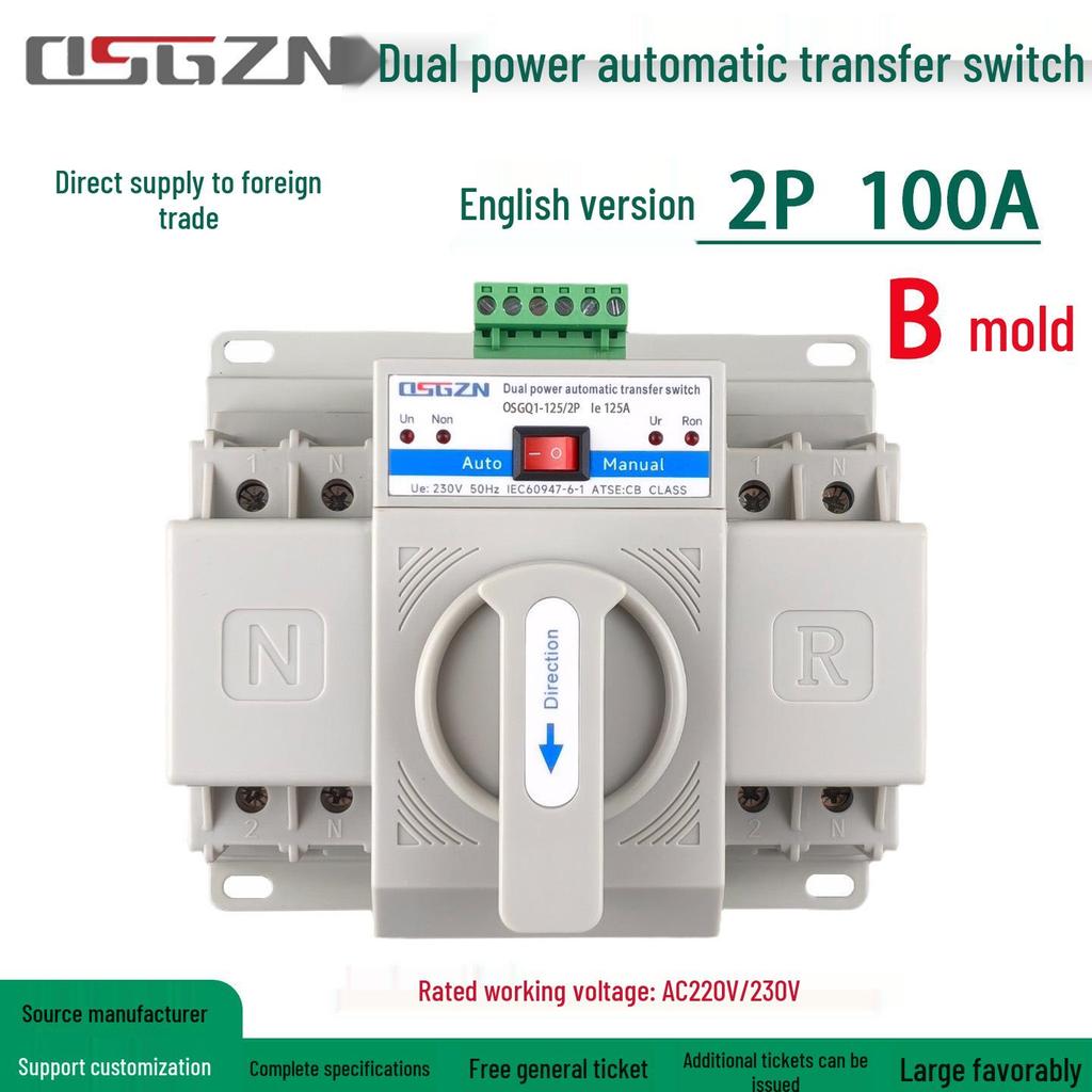 Dual Power Transfer Switch, 63A 2P, Automatic Switching for Household Backup