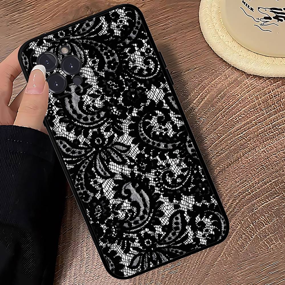 Black Lace Pattern Personalized Mobile Phone Case For IPhone 17 16 15 14 13 12 11 Pro Max Plus Mini Soft Black Cover