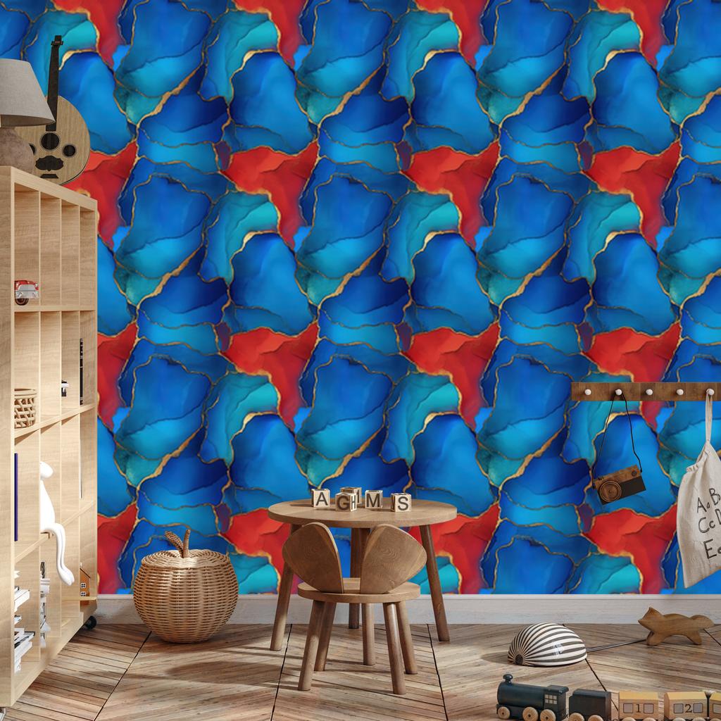 Ink Blue, Turquoise and Red Wallpaper for Living Room and Bedroom 50x1000