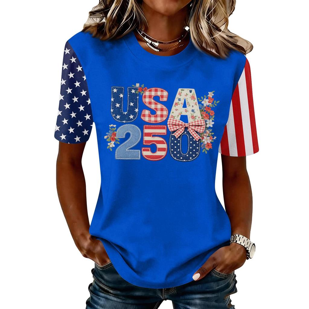 Blusa Feminina da Moda Casual de Manga Curta com Estampa e Gola Redonda