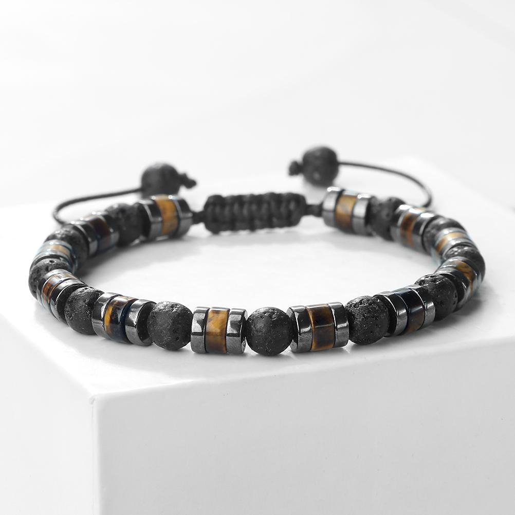 Natural Volcanic Stone Bracelet Handmade Adjustable Size Hematite Tiger Eye Stone Cylindrical Beads Bracelets Men Yoga Bangles