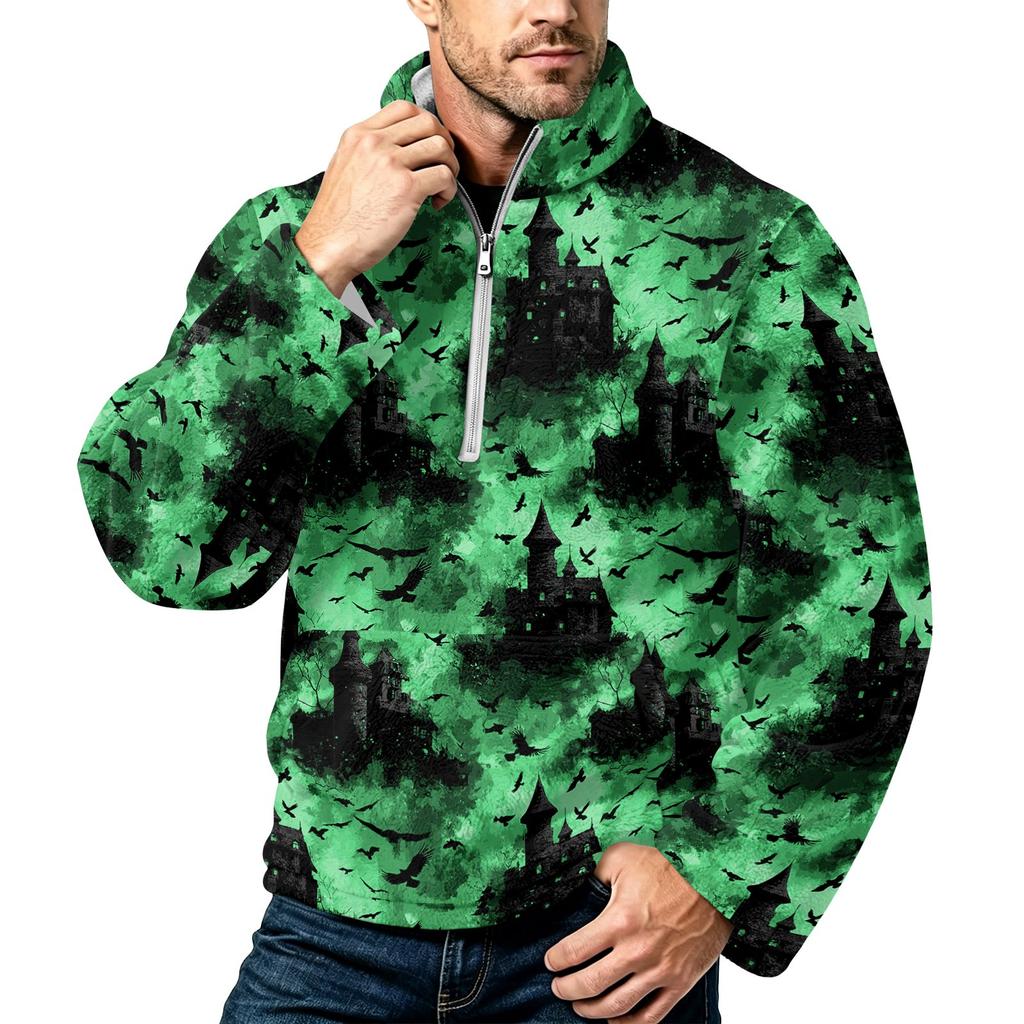 Men's Halloween Print Flannel Zip-Up Sweatshirt, Plus Size Stand Collar Casual Fall Winter Top