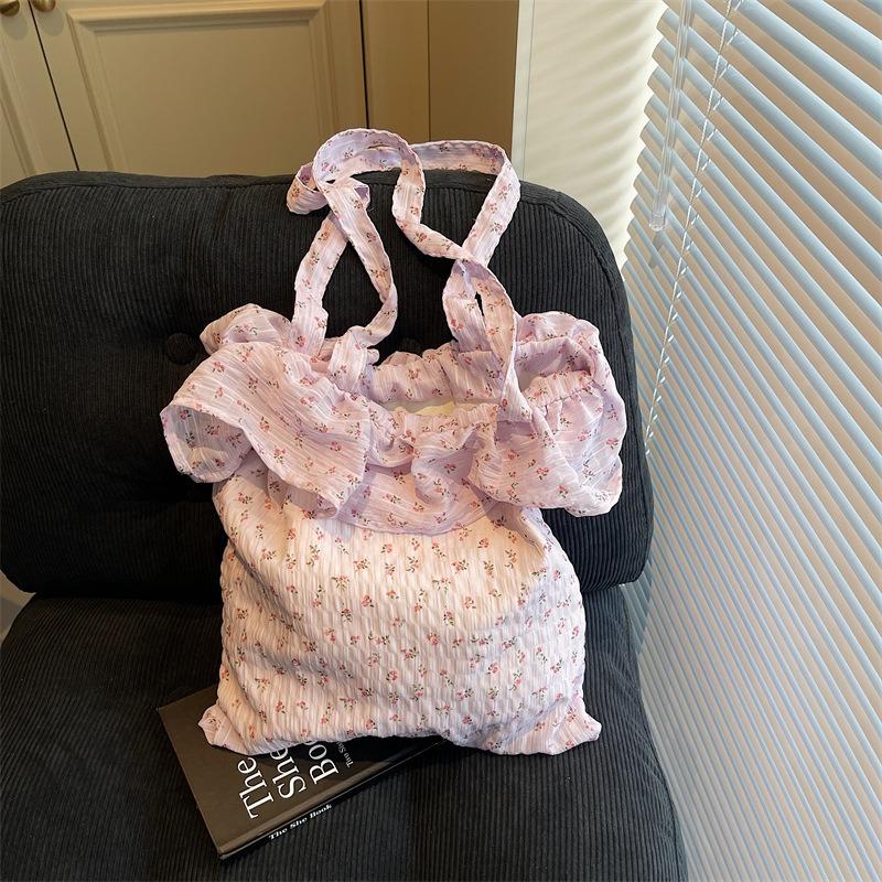 Soft Waxy Lotus Leaf Edge Chiffon Bag Women's New Floral Bucket Bag Large Capacity Bag