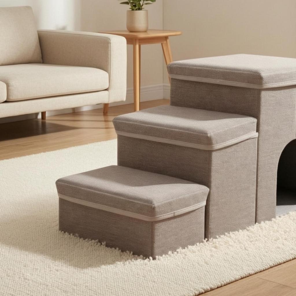 3-Step Pet Stairs Soft Steps with Den Cozy for Sofa, Living Room, Small Dogs