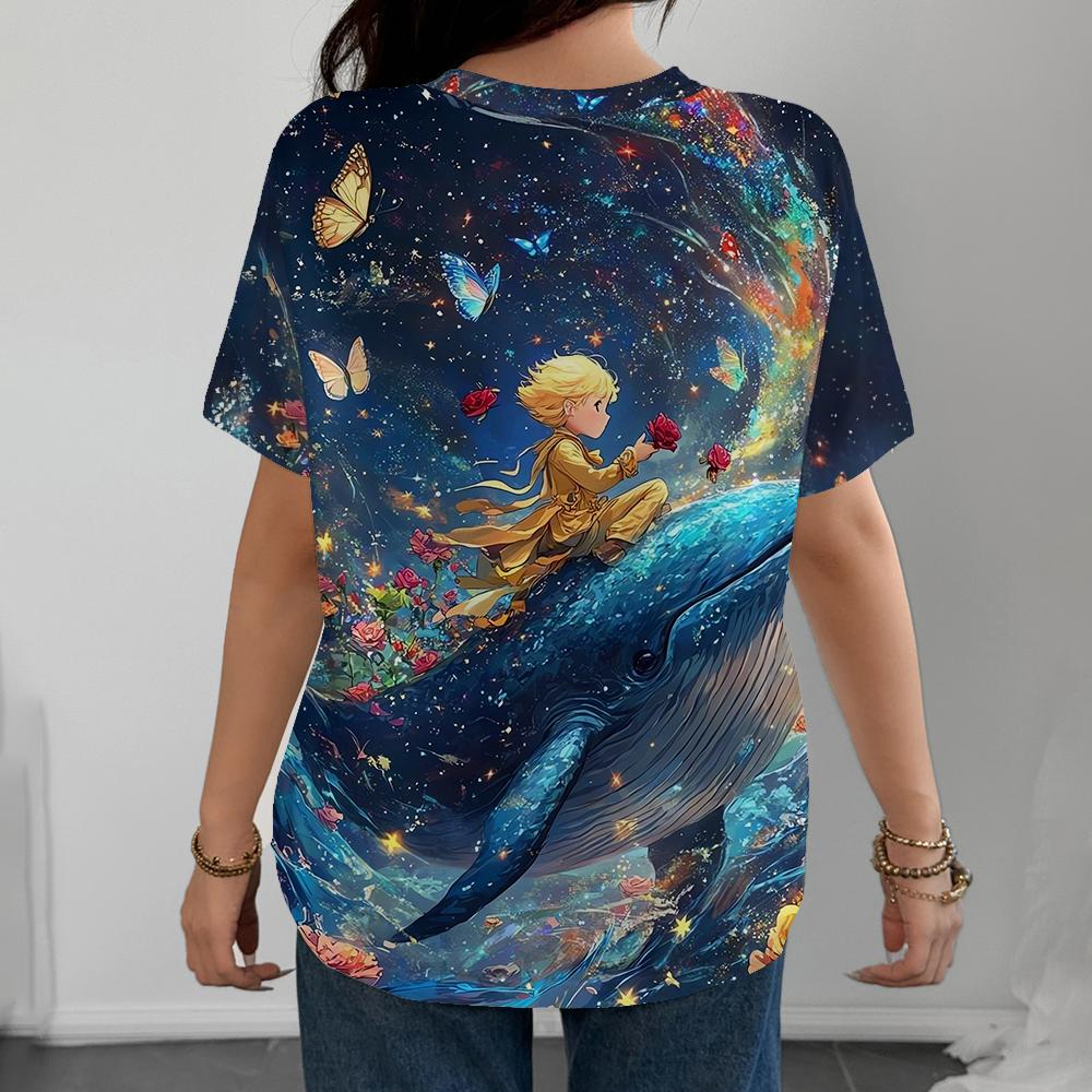 Little Prince Starry Sky Women's T-shirt Casual Fashionable Comfortable Deep Blue Short Sleeve Shirt