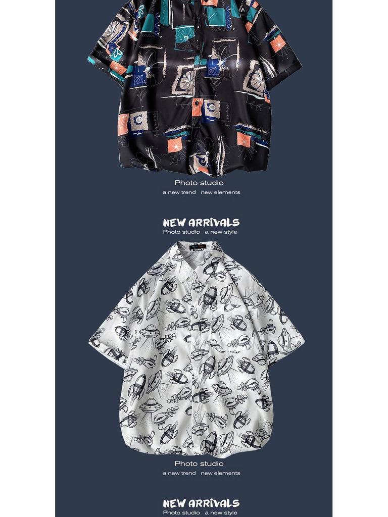 Letnia Koreańska Retro Kwiatowa Para Luźna Koszula z Krótkim Rękawem - Męski Modny Styl
