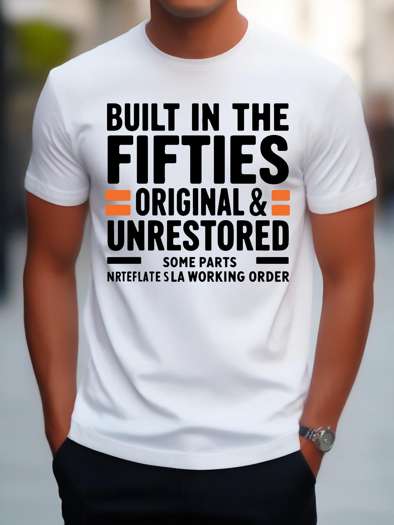 

Vintage Graphic T-shirt - Built in the Fifties Retro Design - Navy Blue Casual Crewneck Tee - Breathable Cotton Blend Shirt for Gym S