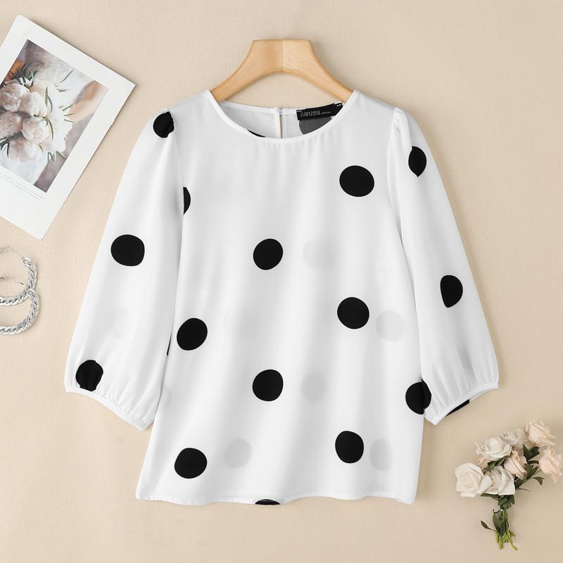 

ZANZEA Летняя повседневная женская блузка с принтом в горошек и рукавом 3/4 5XL белый