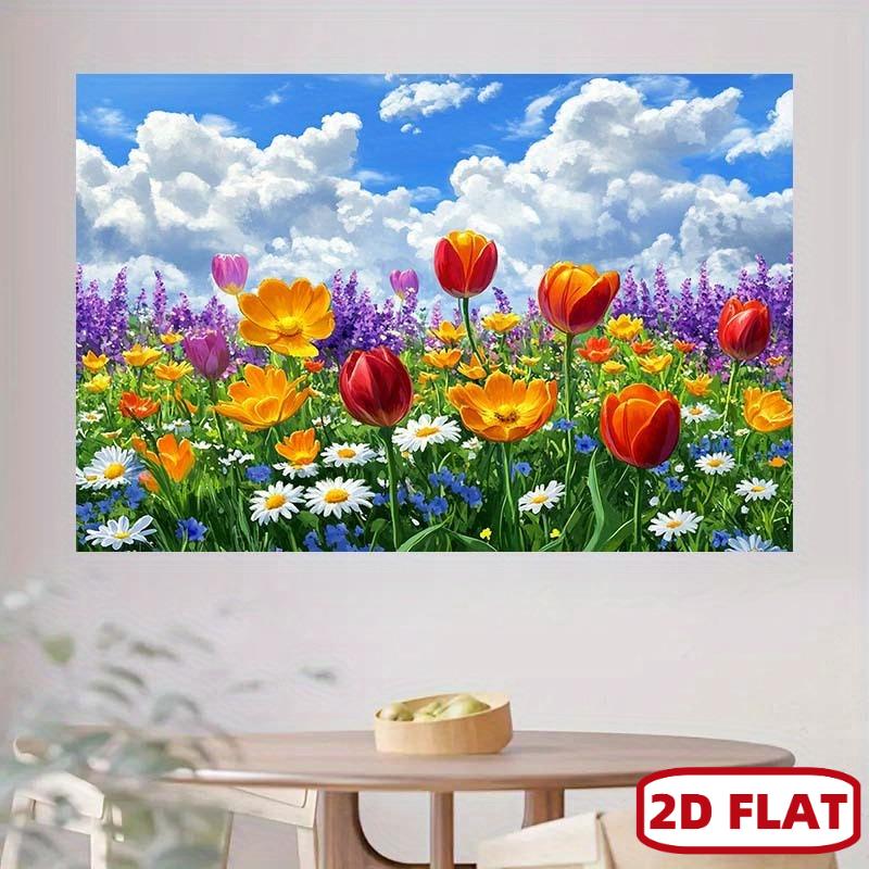 2D plane colored flower grass background fabric red tulips orange daisies and other various flowers polyester fiber