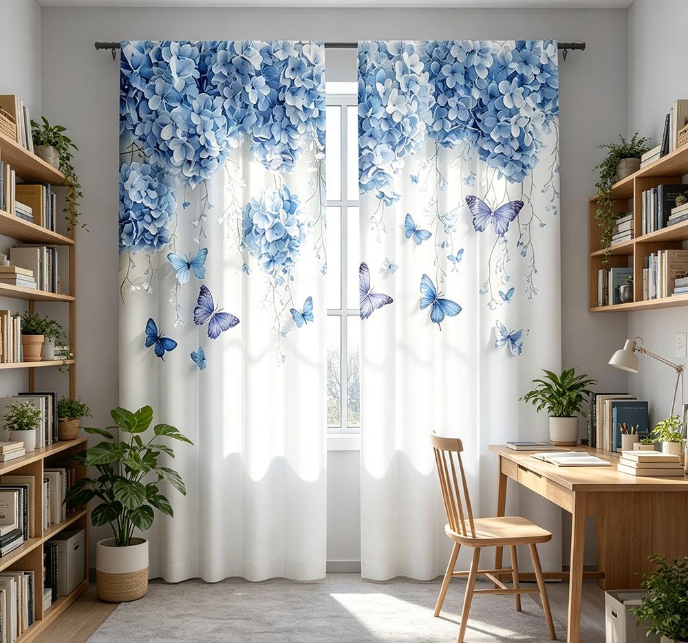 Digital Printed Curtains, Blue Butterfly Hydrangea Pattern, Stylish Window Treatment for Living Room Bedroom Decor