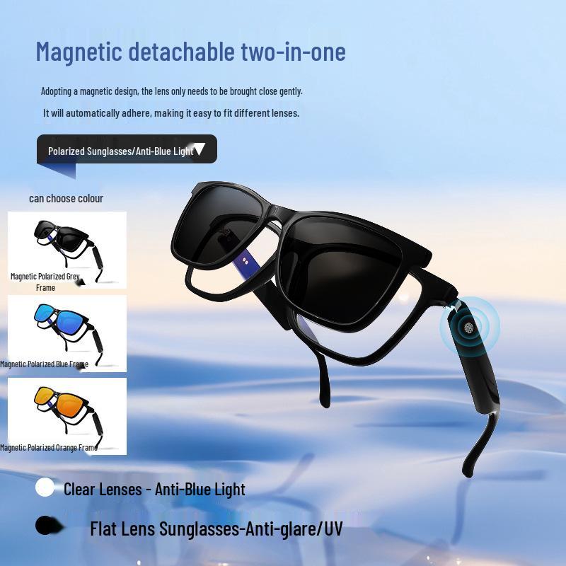 Bluetooth Smart Glasses: Polarized Sunglasses with Clip-on, Replaceable Prescription Lenses for Music, Calls, and Driving.