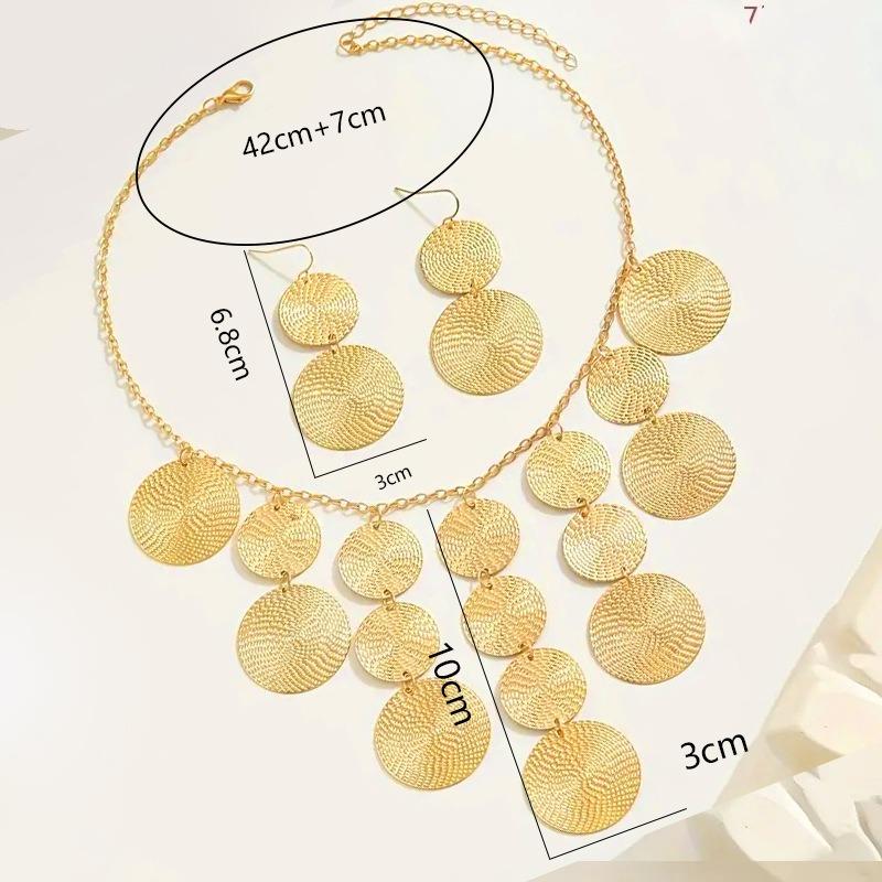 Retro Fashion Earrings Necklace Set Exaggerated Jewelry Beating Pattern Disc Simple