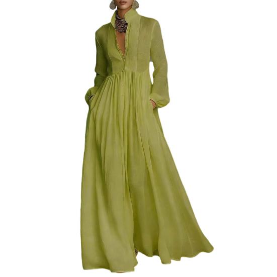 Women Dress Stand Collar Long Sleeve Buttons Down Maxi Dress with Functional Pockets Pleated Flowy Hem Holiday Dress S зелёный