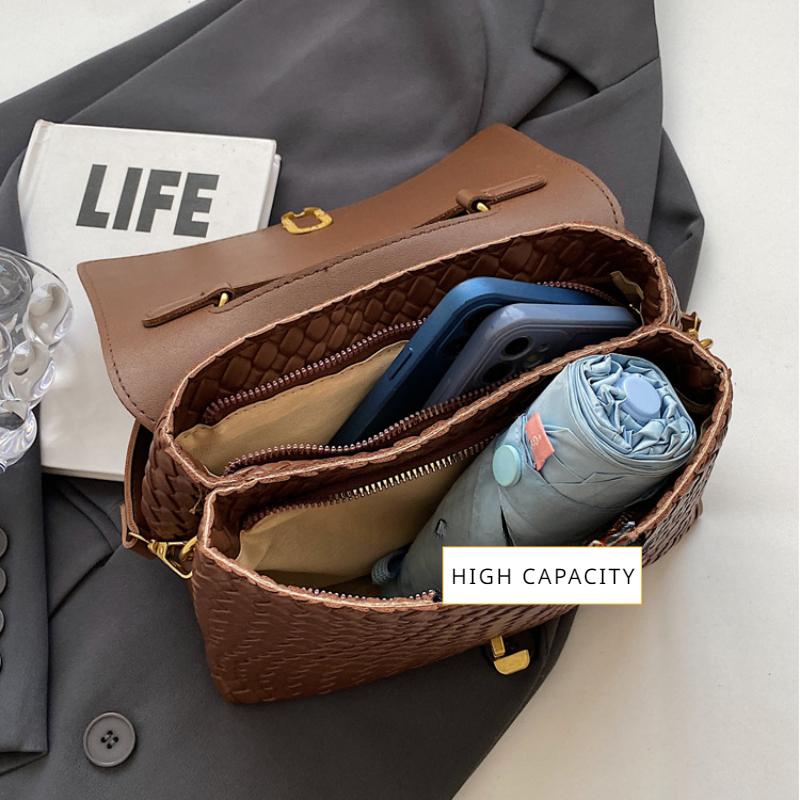 Fashion Popular Weave Women's Top-handle Bags Double Layer Versatile Lady Single Shoulder Crossbody Bag High-end Texture Small Square Bag with Scarf