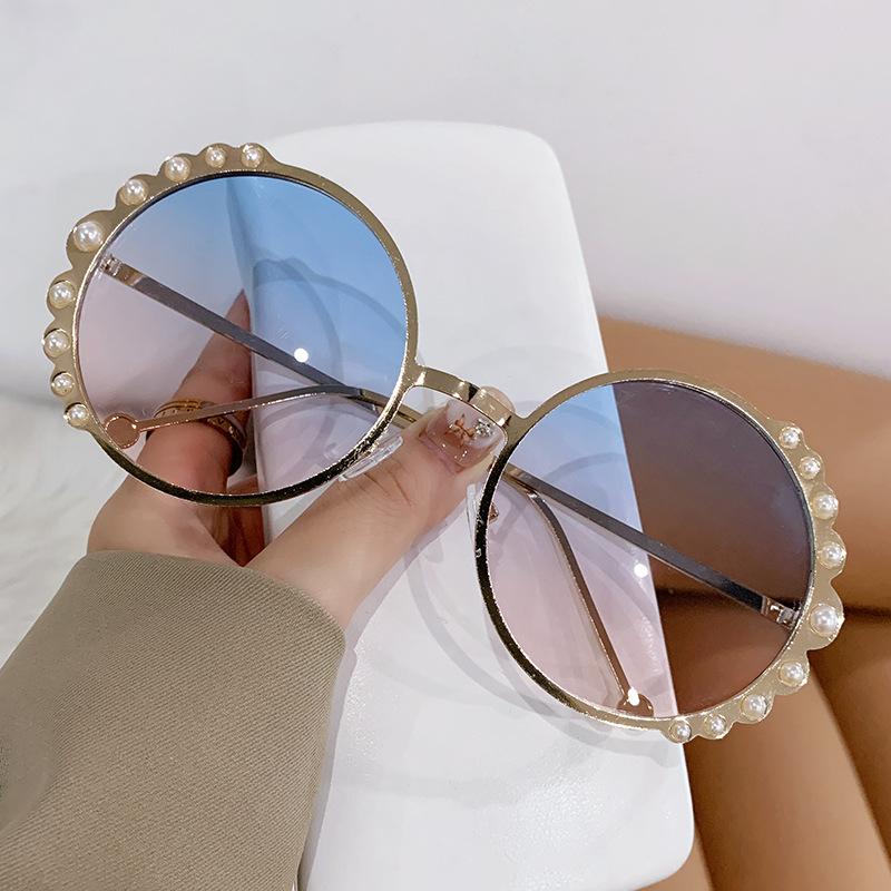 Flower Border Pearl Glasses Personality Hip Hop Funny Sunglasses Round Frame Metal Sunglasses