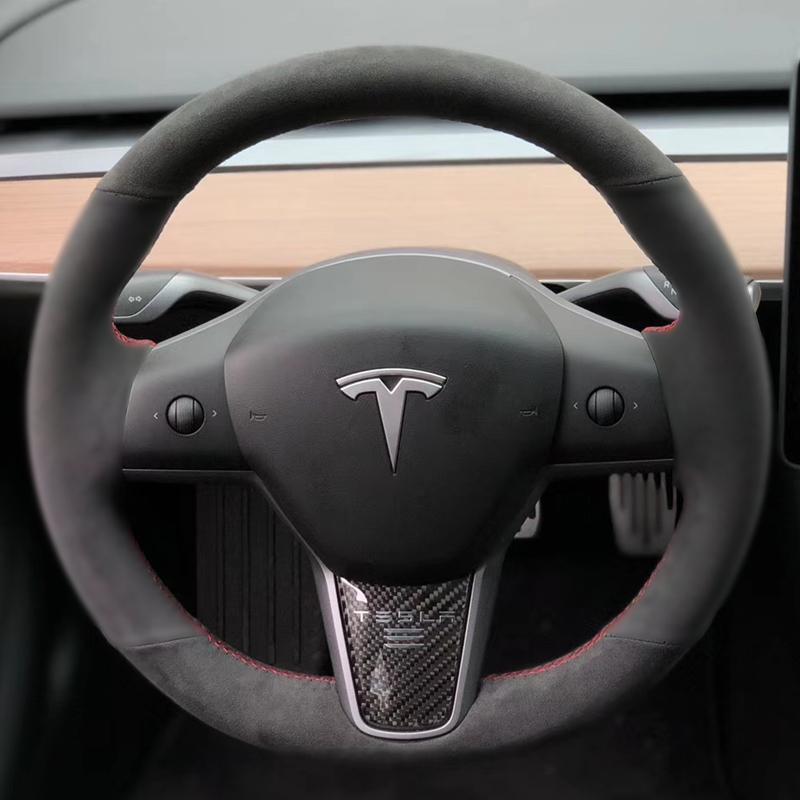 For Tesla modelS Model X Model 3 DIY Custom Leather Suede Steering Wheel Cover Car Wheel Cover Interior