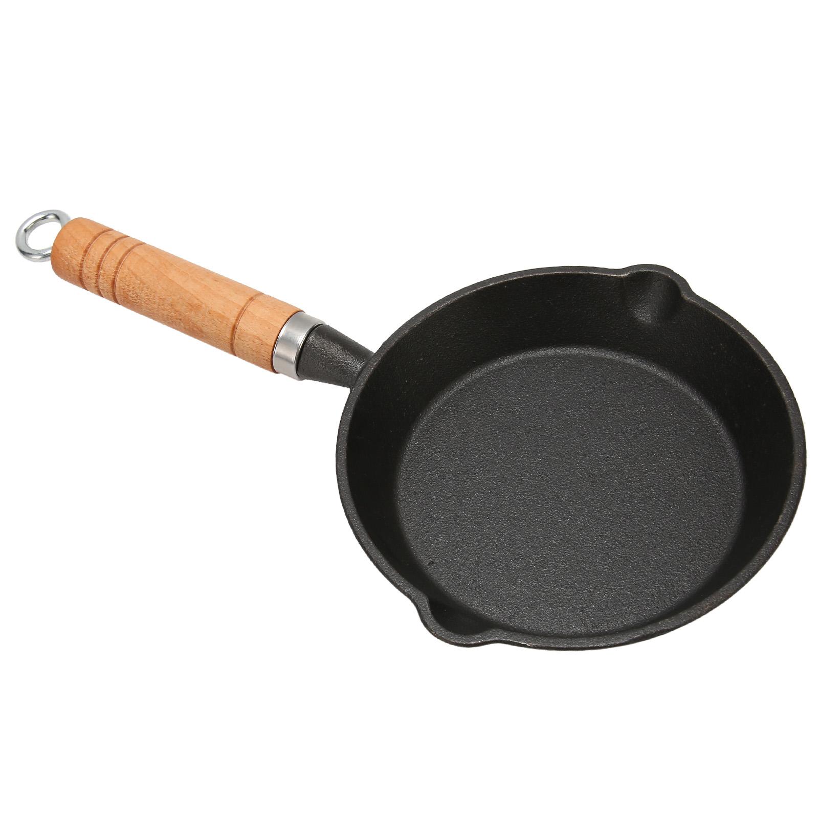 

Frying Pan Cast Iron Skillet Drip Spouts Wooden Handle Stain Resistant Quick Heat Easy to Clean Cook Pan