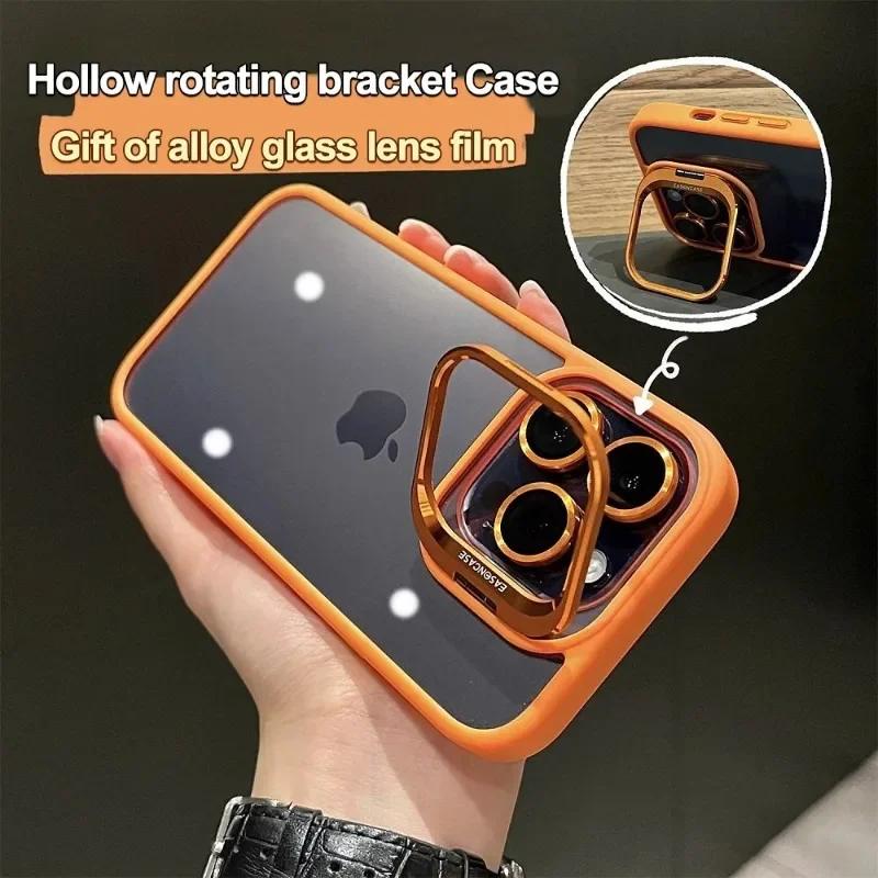 Luxury Bracket Transparent Phone Case For iPhone 17 15 16 14 13 12 Pro Max With Holder Camera Lens Protector Shockproof Cover