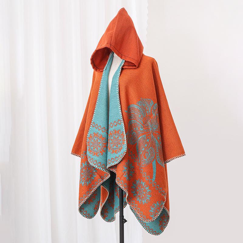 Winter Women Scarf Hooded Layers Poncho Elegant Lady Retro Floral Print Warm Wrap Shawl Scarve Capa Para Mujer Pashmina Cloak