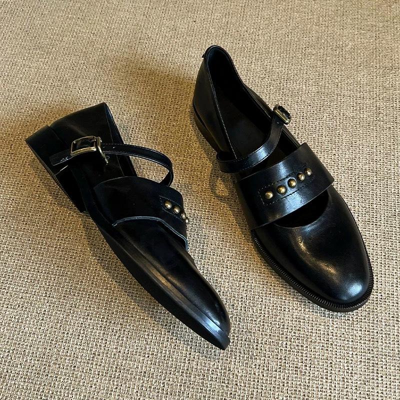 Leather British Style Rivets Hollow Small Leather Shoes Loafers Women's 2025 Spring Thick Heel with Mary Jane Single Shoes