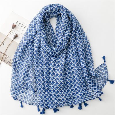 Four Seasons Cotton And Hemp Texture Scarf Small Fresh Green Blue Fish Scale Geometric Tassel Silk Scarf Shawl For Women