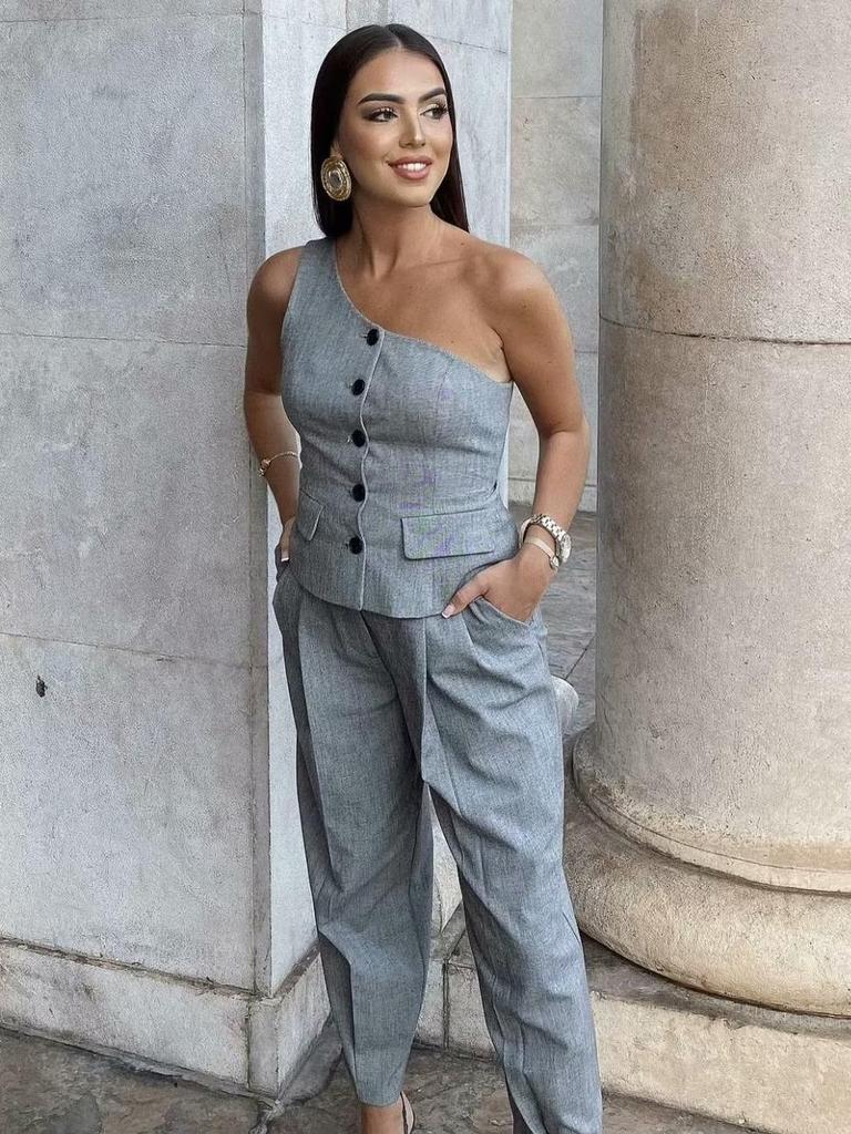 2024 Women's European and American Style Asymmetrical Neckline Vest & High Waist Pants Set