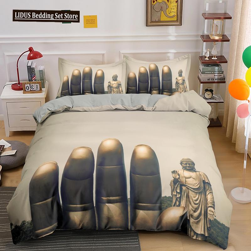 Mandala Buddha Duvet Cover Set King Size Exotic Ethnic Bohemian Bedding Set Golden Black Lotus Flowers Gorgeous Comforter Cover