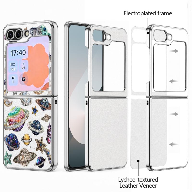Whale Planet Print PU Leather Phone Case For Samsung Galaxy Z Flip7 FE Flip6 Flip 7 6 5 5G Silver Plating Frame Hard Back Cover