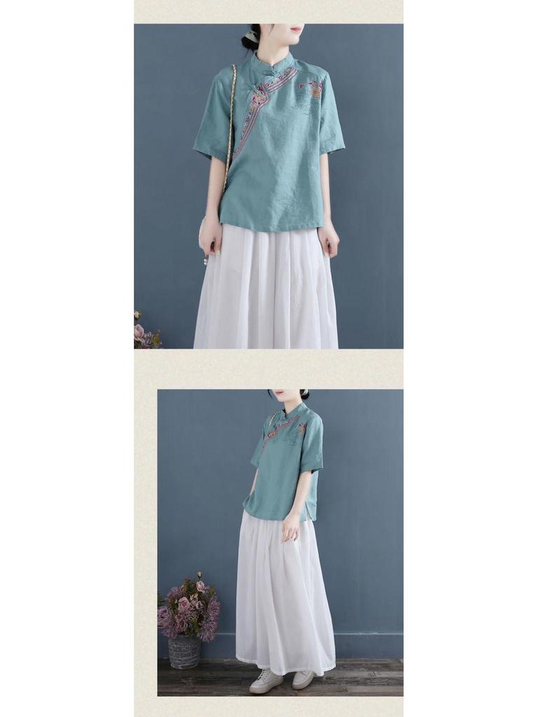 Damen Retro Baumwolle Leinen Besticktes Oberteil - Kurzarm, Lockerer Schnitt, Froschknöpfe, Ethnischer Stil, Große Größen.
