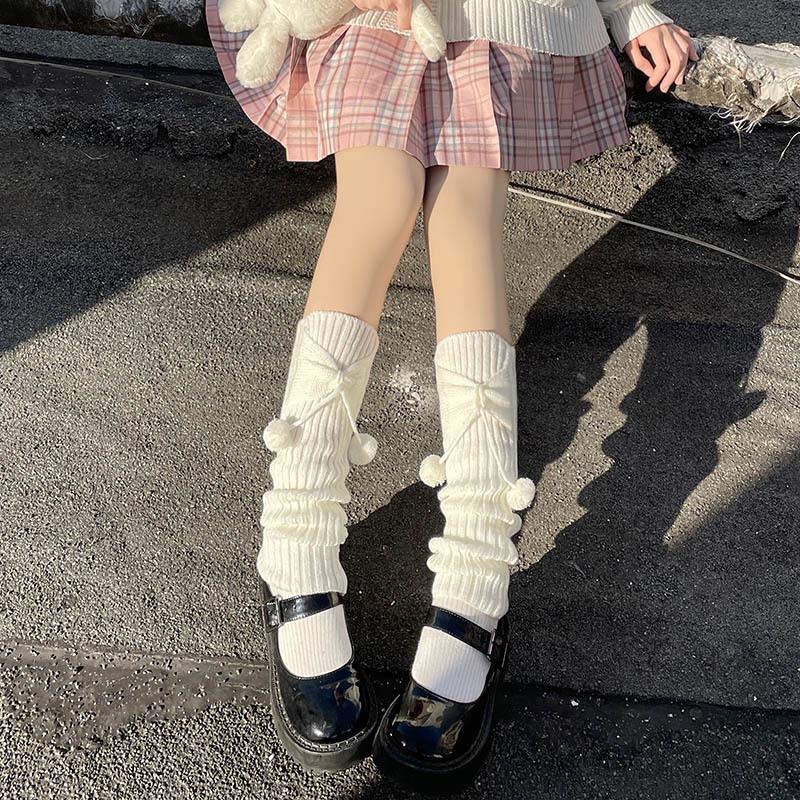 

Autumn & Winter Warm Bow Leg Warmers, Cute Lolita Style Pompom Socks for Women One Size чёрный