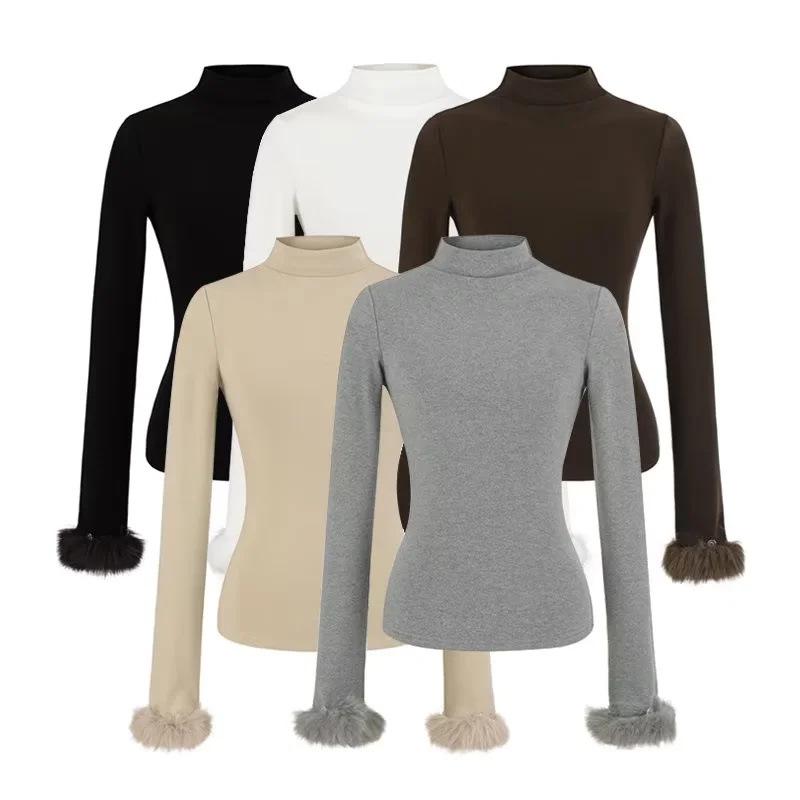 Women's Long-Sleeve Base Layer with Removable Fur Cuffs and Half-High Collar