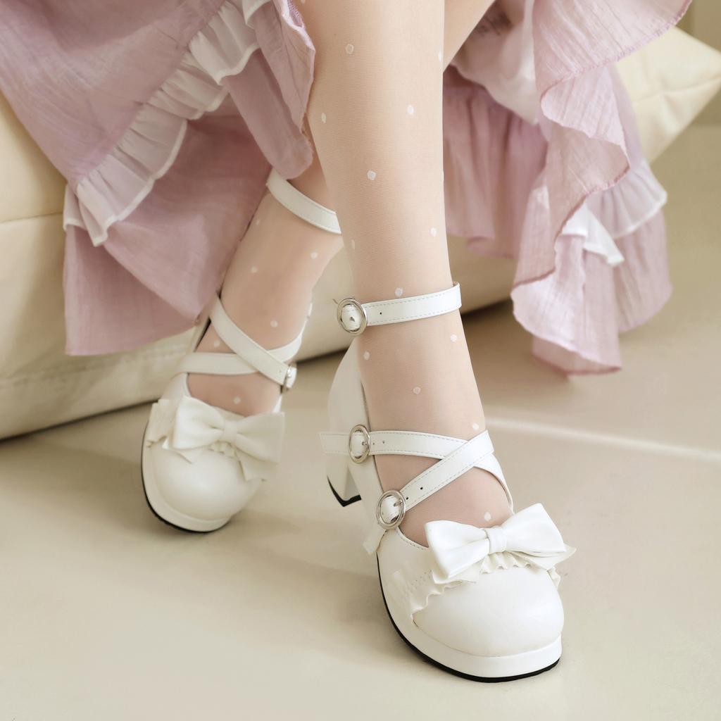 Plus Size Summer Lolita Chunky Heel Single Shoes With Bow and Crossed Straps for Women