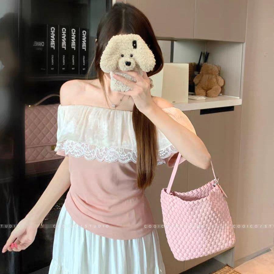 

Топ с одним плечом, рюшами, кружевом и пэчворком большого размера - Универсальная, стройнящая футболка для женщин M (recommended 40-50 kg) розовый