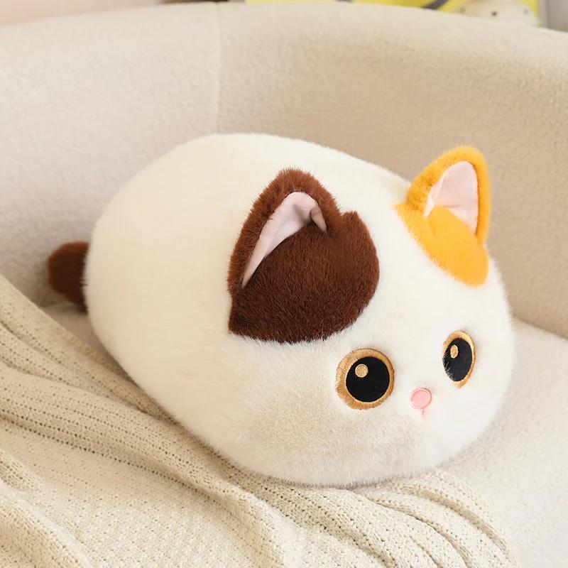 Adorable Round Cat Plush Pillow Soft Fluffy Stuffed Siamese Calico Black Brown Kitty Cushion For Sofa Back Decor