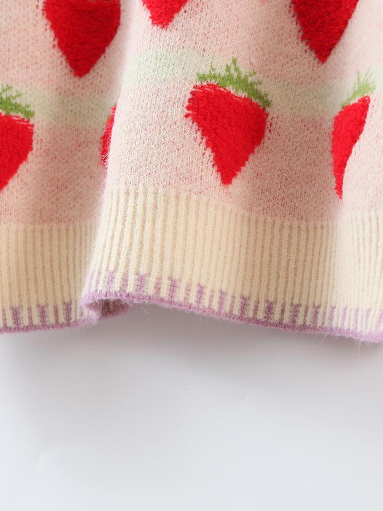 2025 Women's Casual Strawberry Embroidery Knit Pullover - Round Neck, Long Sleeve, Autumn/Winter