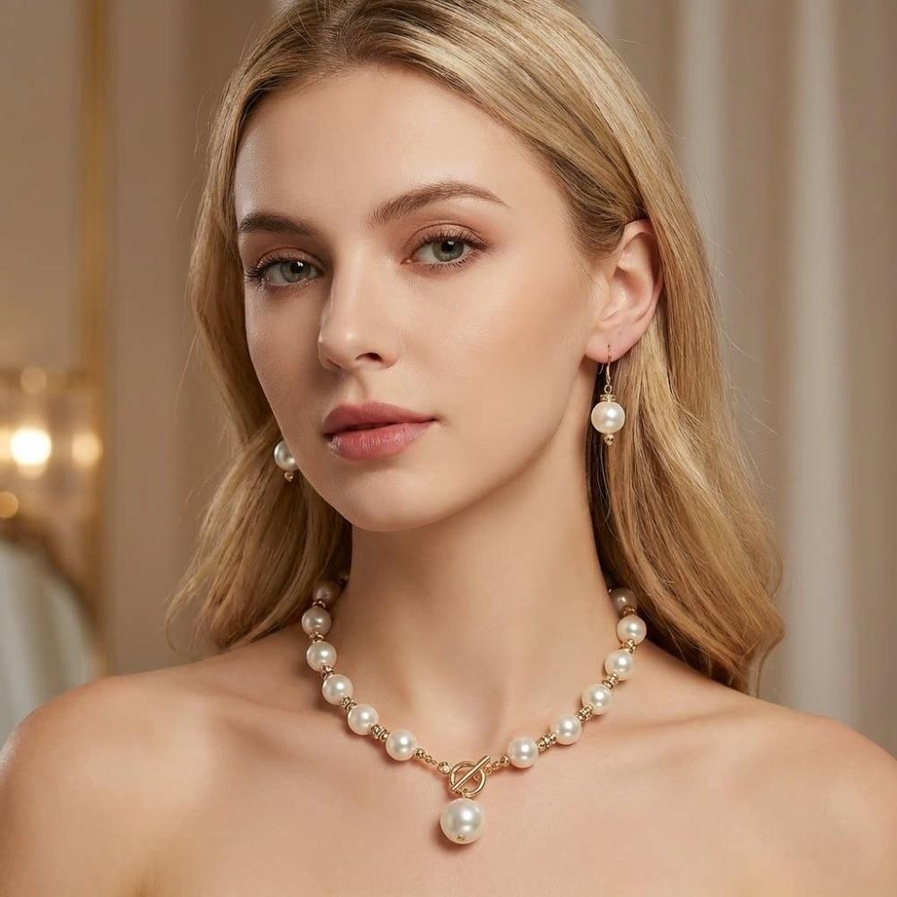 Zircon Pearl Necklace Beaded Earrings Necklace Set New Women's Pearl Jewelry  Anniversary