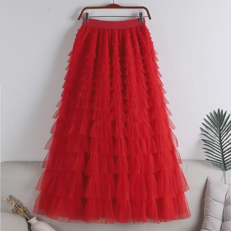 2023 Autumn/Winter A-Line Long Mesh Cake Skirt