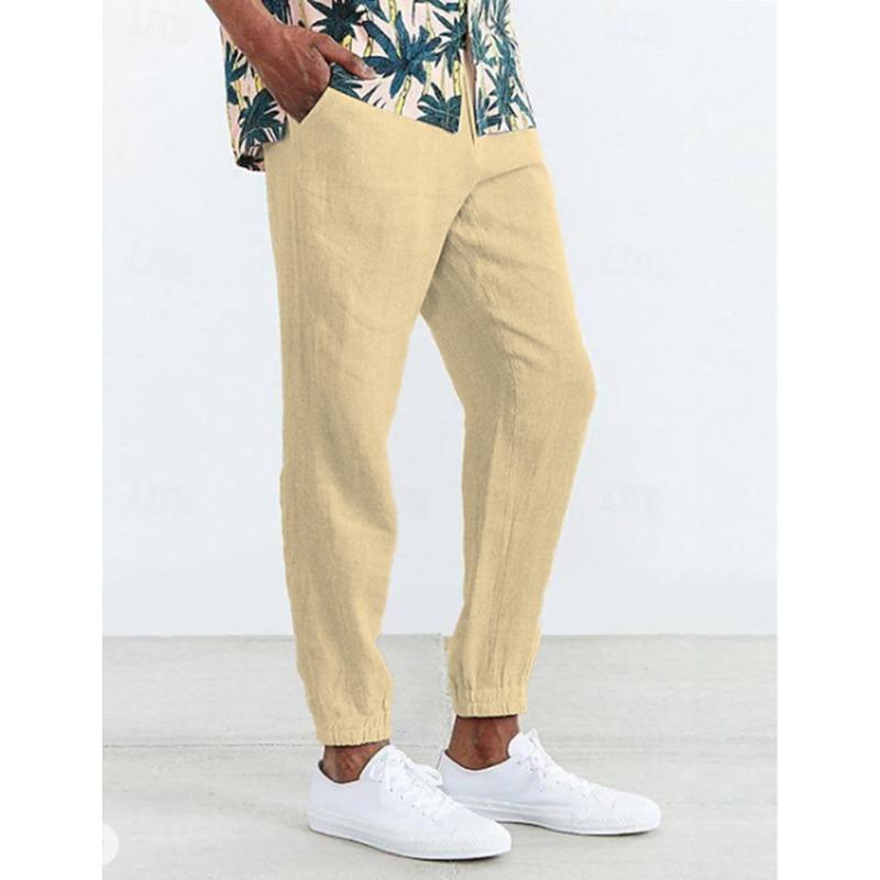 Men Casual Linen Pants Elastic Waist Drawstring Jogger Trousers Loose Fit Daily Outdoor Streetwear Long Pants