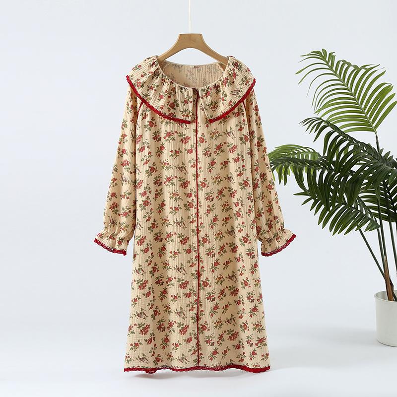 1011 new crepe cotton yarn long-sleeved retro shoulder-plugged nightdress loose large size long-sleeved trousers homewear