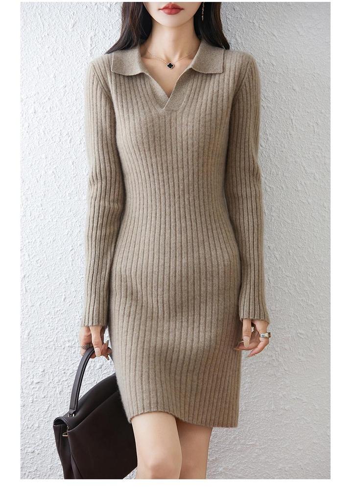 Women's Polo Neck Wool Sweater Dress - Slim Fit, Knee-Length, Ideal as Base Layer for Autumn/Winter Coats