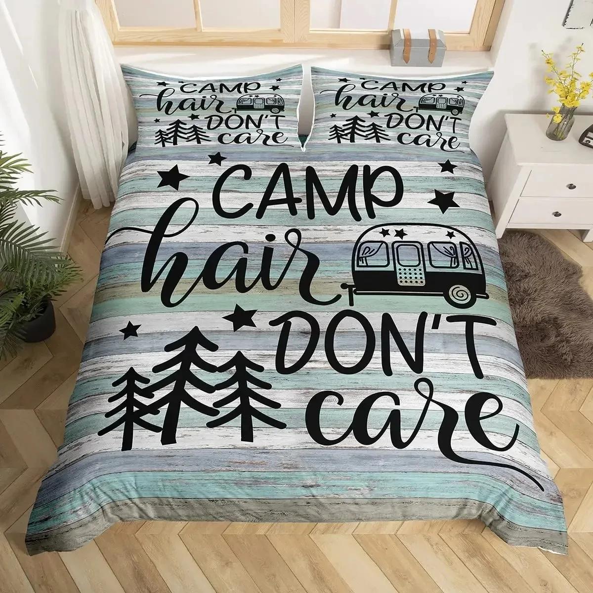 

Rustic Farmhouse Style Duvet Cover Set Old Barn Door Comforter Cover Happy Camper Print Black Sketch Drawing Quilt Cover 135x200cm