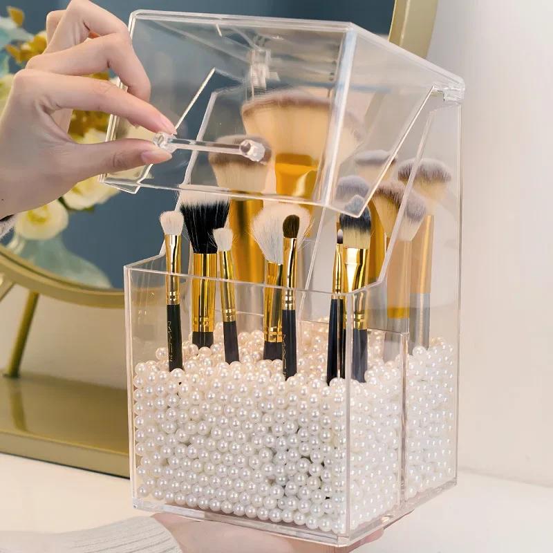 Acrylic Clear Makeup Brush Holder with Lid Vanity Countertop Makeup Organizer Waterproof Dustproof Cosmetic Brush Storage Box