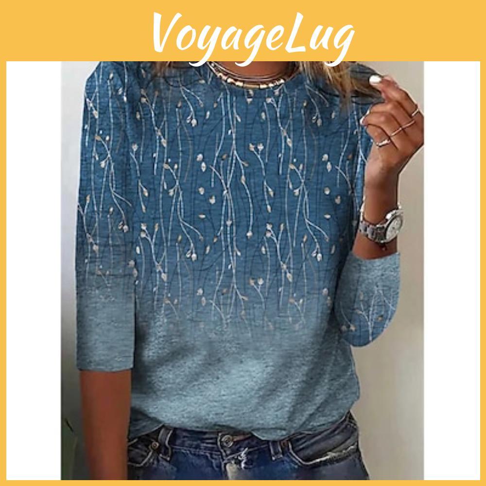Womens T Tee Shirt Floral Print Holiday Weekend Elegant Fashion Basic Long Sleeve Round Neck Blue Fall Winter