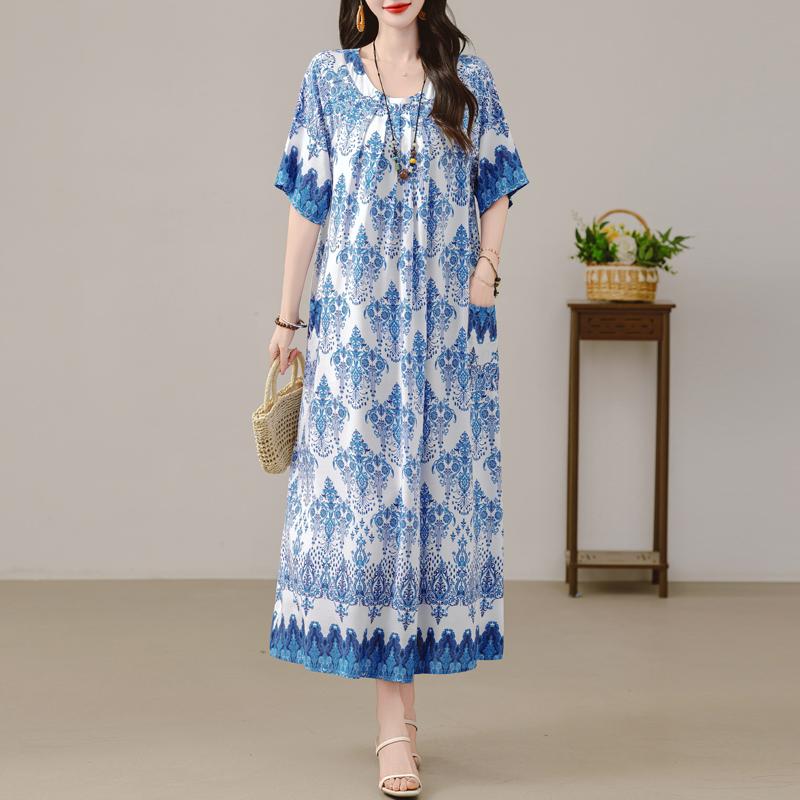 Women's Plus Size Maxi Dress, Boho Print Loose Short Sleeve Casual Dress with Pockets (XL-5XL)