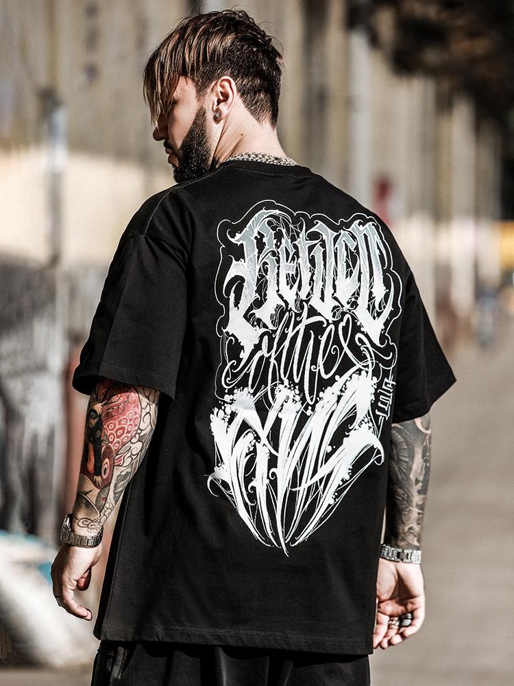 Chicano Flower Type Loose Gangster Shoulder Short Sleeve Crew Neck Trendy Hip Hop BboyT-Shirt Destroy Short Sleeve