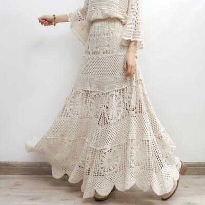 DIMANAF 2025 Nova Saia Feminina Tricô Renda Longa Feriado Sólida Vazada Sexy Vazada Estilo Verão Solta Vestido Básico