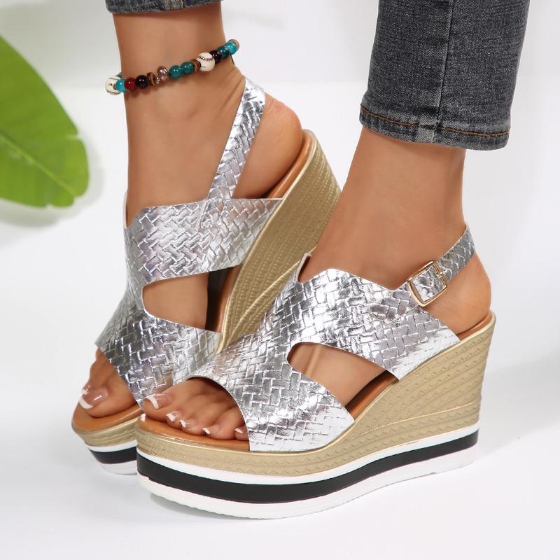 

Fashion 2025 Fashion Ladies Shoes Open Toe Women s Sandals Summer Casual Plus Size Buckle Strap Comfortable Best Seller Wedge Sandals 36 серебряный